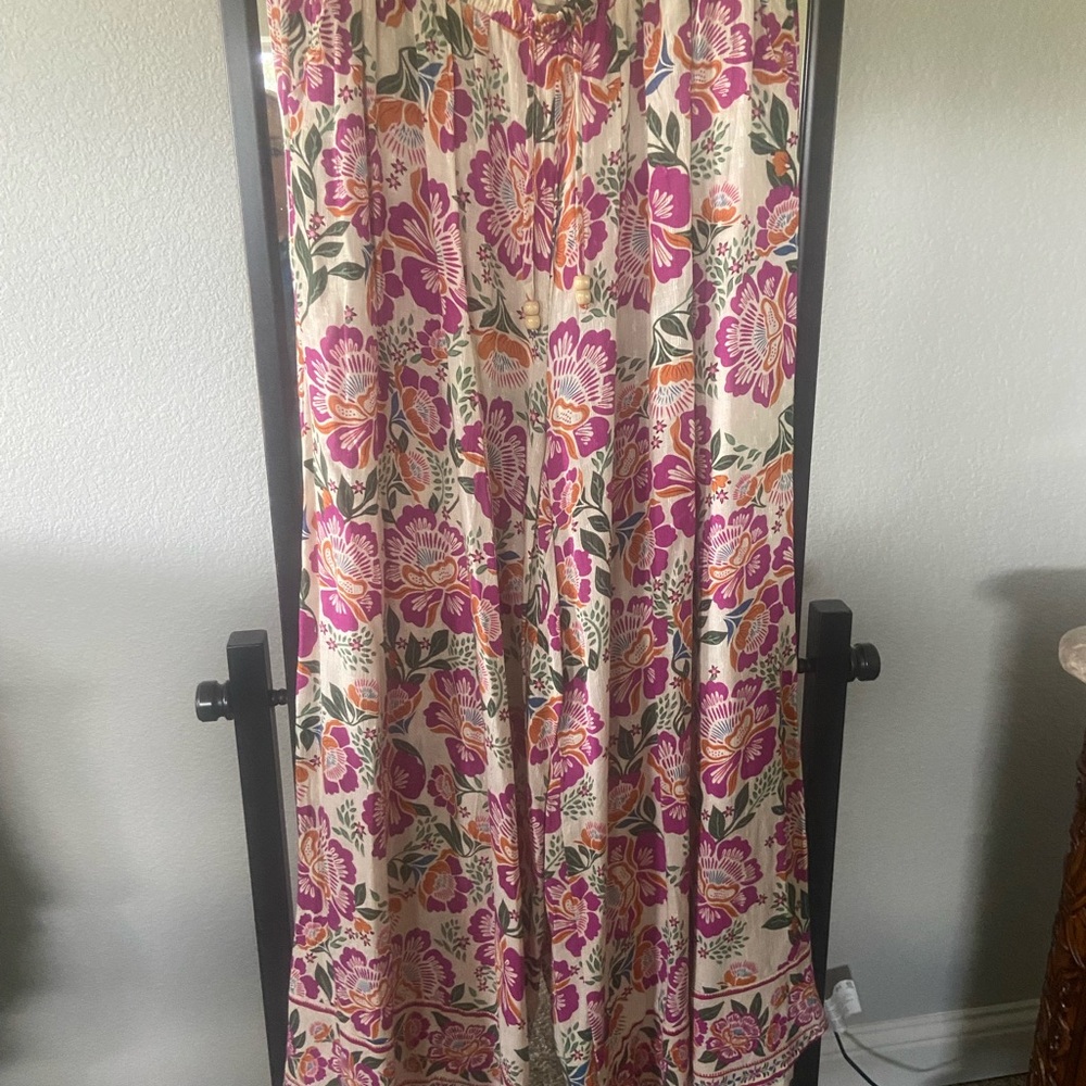 Nicole Miller Floral Wide Leg Pants in Pink, Orange & Cream